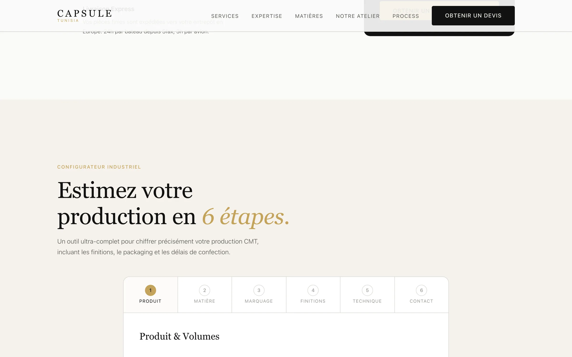 Configurateur de devis en six étapes sur la vitrine : produit, matière, marquage, finitions, technique, contact.