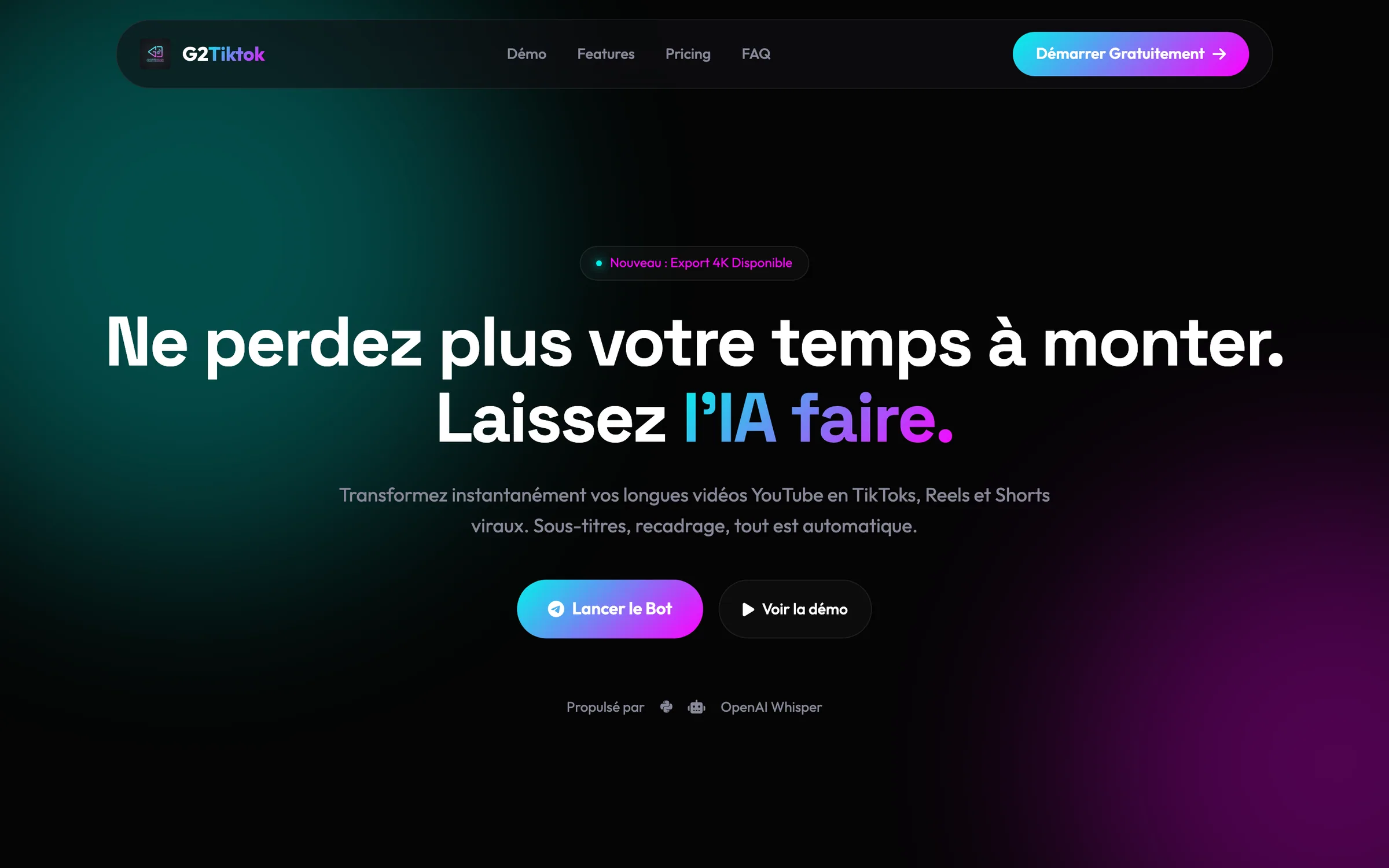 Page de présentation du bot G2Tiktok : découpage automatique de vidéos longues en clips verticaux.