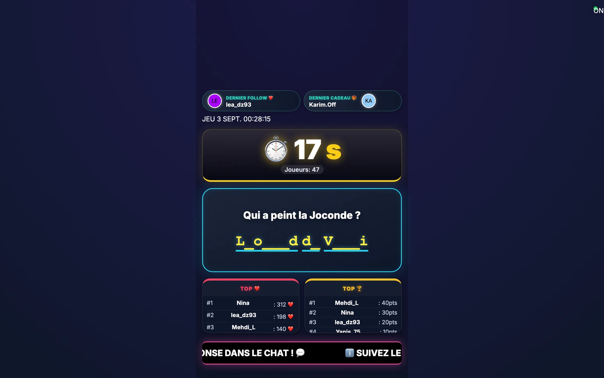 Overlay OBS du jeu : question en cours, propositions du chat et tableau des scores.