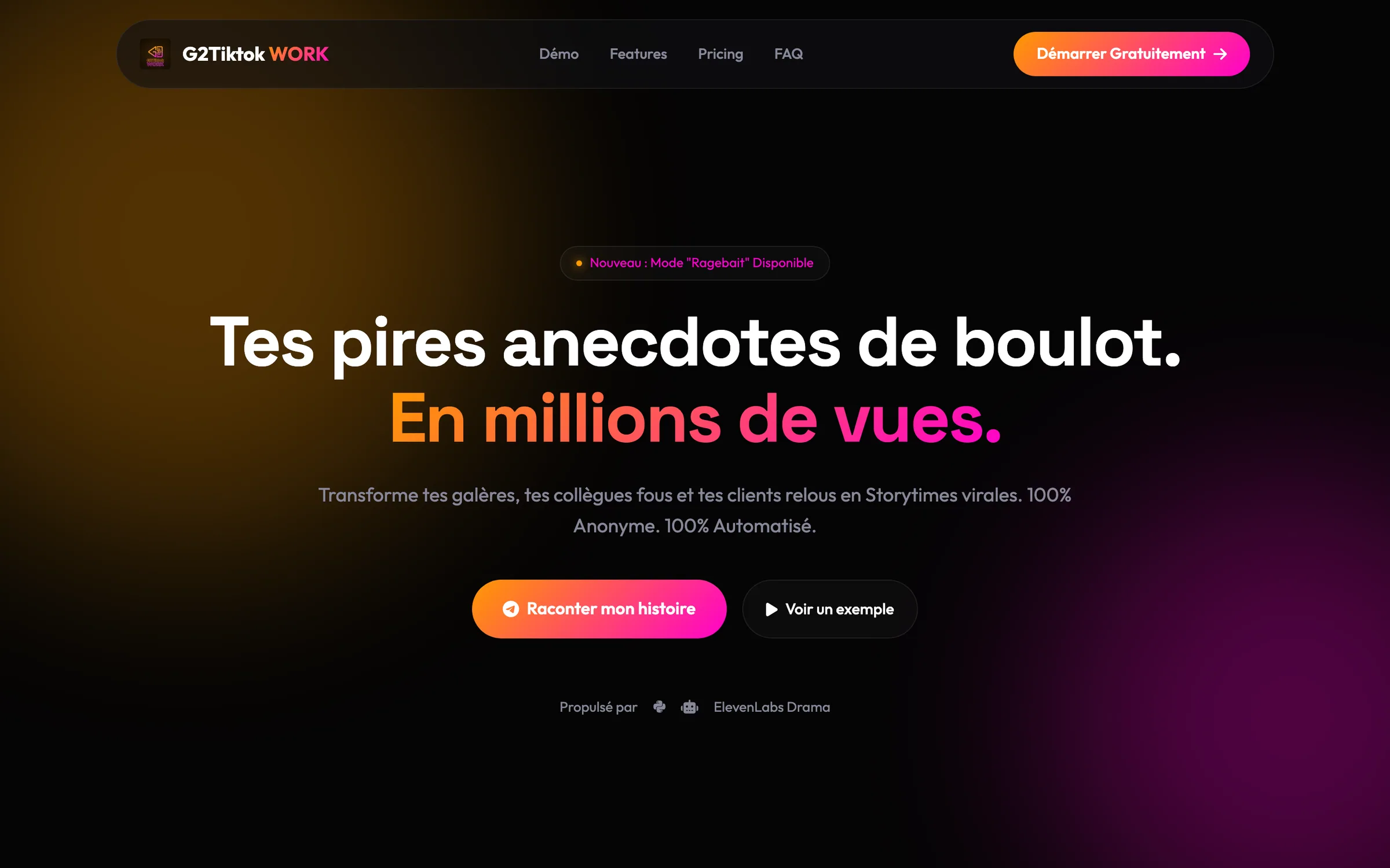 Page de présentation de G2tiktokWork : « Tes pires anecdotes de boulot. En millions de vues. », avec l'accès au bot Telegram.