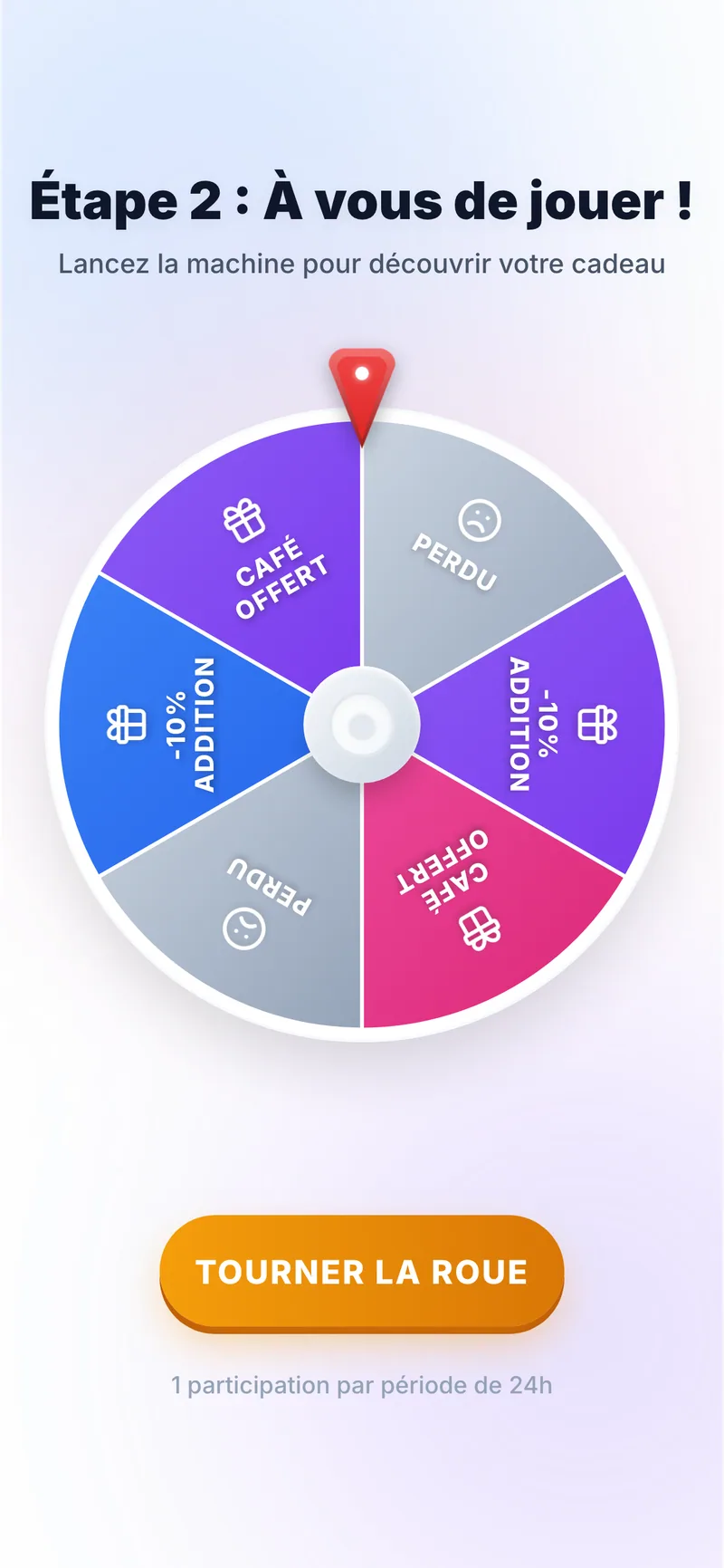 Roue de gains sur téléphone après l'avis : café offert, réduction sur l'addition ou perdu, une participation par 24 h.