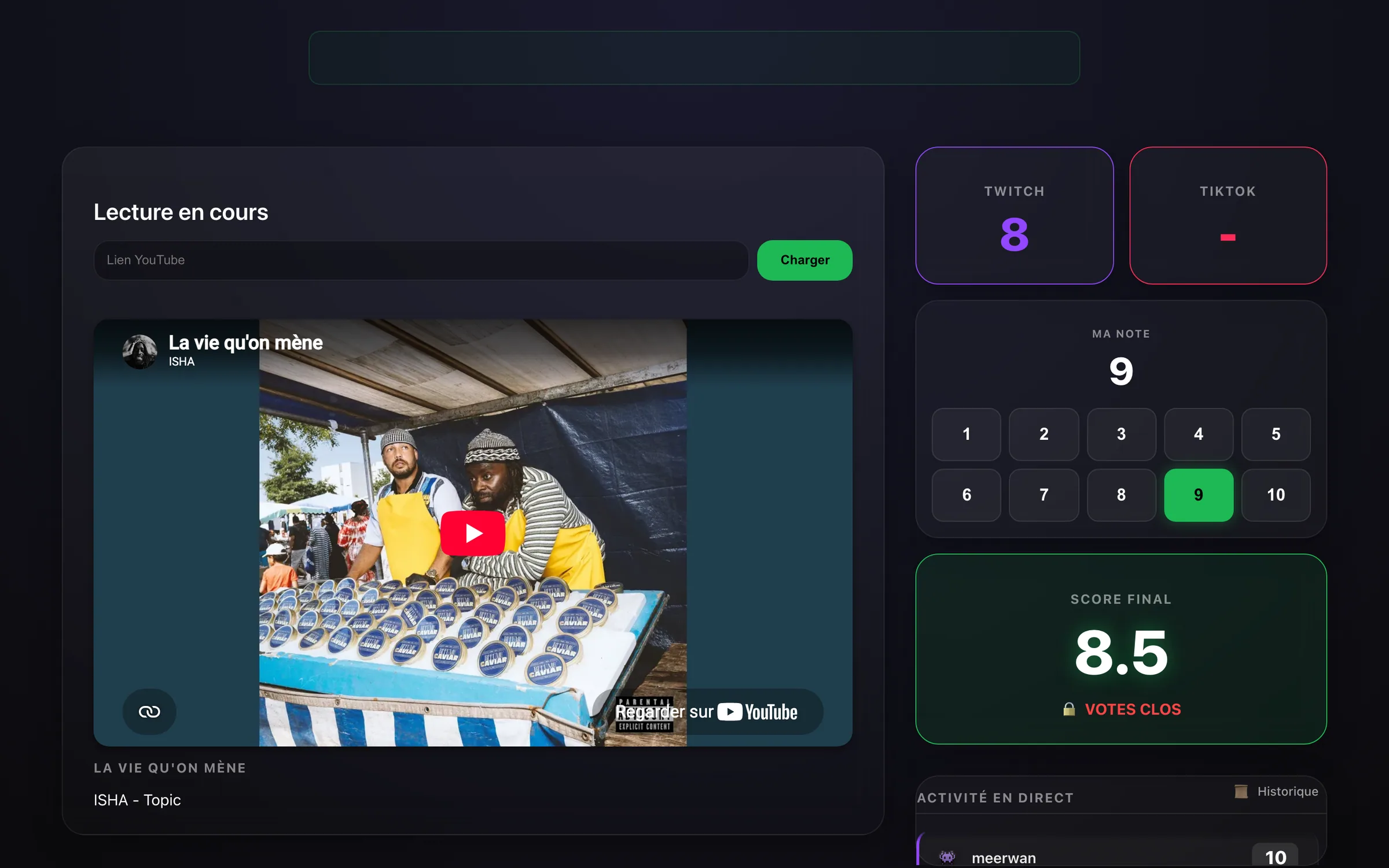 Tableau de bord du streamer : lecture en cours, note du streamer, moyennes Twitch et TikTok, score final verrouillé et activité en direct.